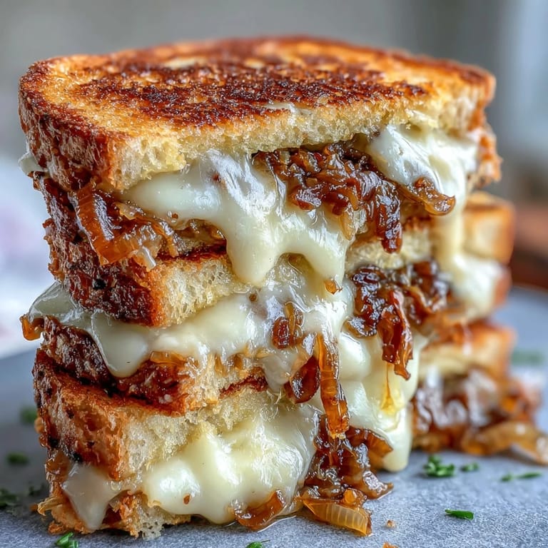 Crispy sourdough sandwich oozing with melted Gruyère and sweet caramelized onions, inspired by French onion soup.  