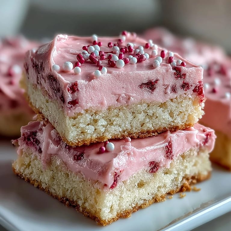 Pink strawberry frosting tops golden sugar cookie bars, decorated with sprinkles for a festive Valentine's treat.  