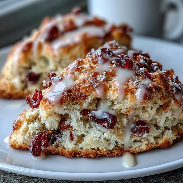 Buttery, tender scones packed with tart cranberries and fragrant candied orange zest, drizzled with a light citrus glaze for extra sweetness.