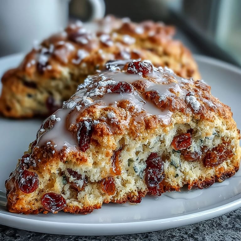 Warm, freshly baked scones filled with chewy cranberries and bright candied orange, perfect for pairing with tea or coffee on a chilly morning.