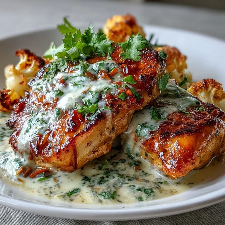 Low-carb Mexican-inspired dinner featuring juicy seared chicken breast smothered in velvety poblano cheese sauce alongside crispy garlic-roasted cauliflower florets.  
