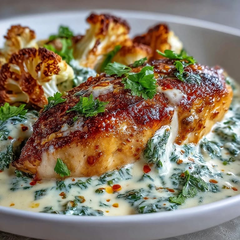 Creamy poblano chicken and roasted cauliflower dish - a satisfying keto meal with bold Mexican flavors and perfectly caramelized vegetables.