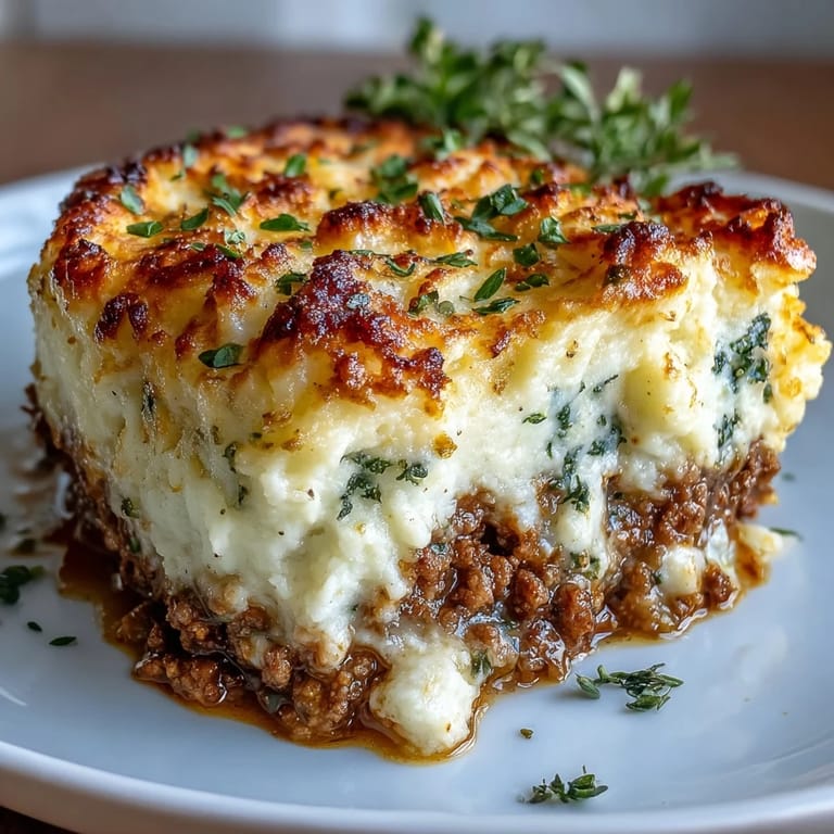 Creamy cauliflower mash crowns a hearty shepherd's pie, blending tender lamb and vegetables in a satisfying, gluten-free dish.