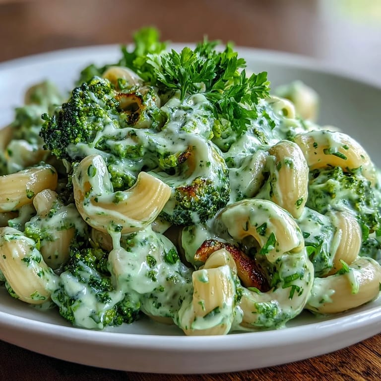 Wholesome green mac and cheese packed with spinach and broccoli, topped with melted cheese and fresh parsley for a nutritious twist.  