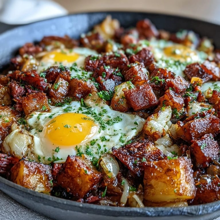 This hearty corned beef hash breakfast skillet combines tender potatoes, savory corned beef, and runny eggs for a satisfying start to your day.