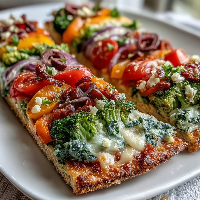 Delicious St. Patricks Day Rainbow Veggie Flatbread Pizza featuring a pot of gold made from black olives and rainbow veggies.