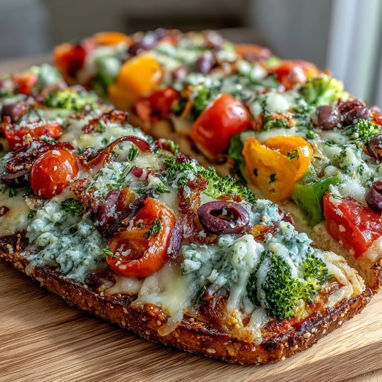 Festive and healthy St. Patricks Day Rainbow Veggie Flatbread Pizza topped with mozzarella and an array of bright vegetables.  
