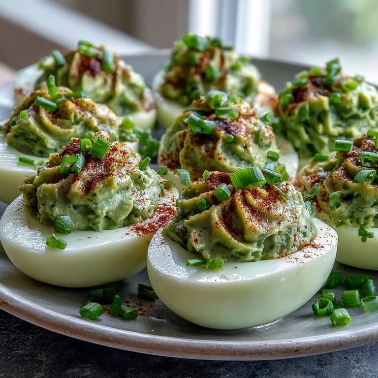 Creamy avocado-stuffed deviled eggs, bright green and topped with smoked paprika, perfect for parties or healthy snacking.  