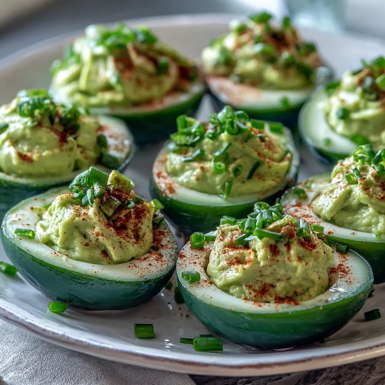 Fresh deviled eggs filled with avocado mash, garnished with chives and paprika, offering a nutritious twist on a classic dish.