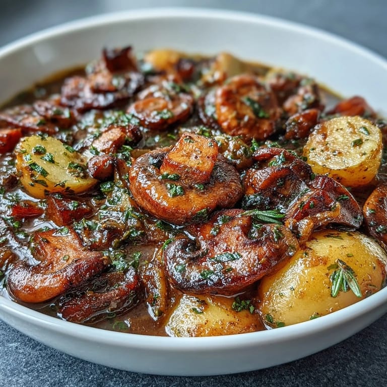 Flavorful vegan Irish stew with homemade mushroom meat, fresh herbs, and seasonal vegetables in a comforting bowl.