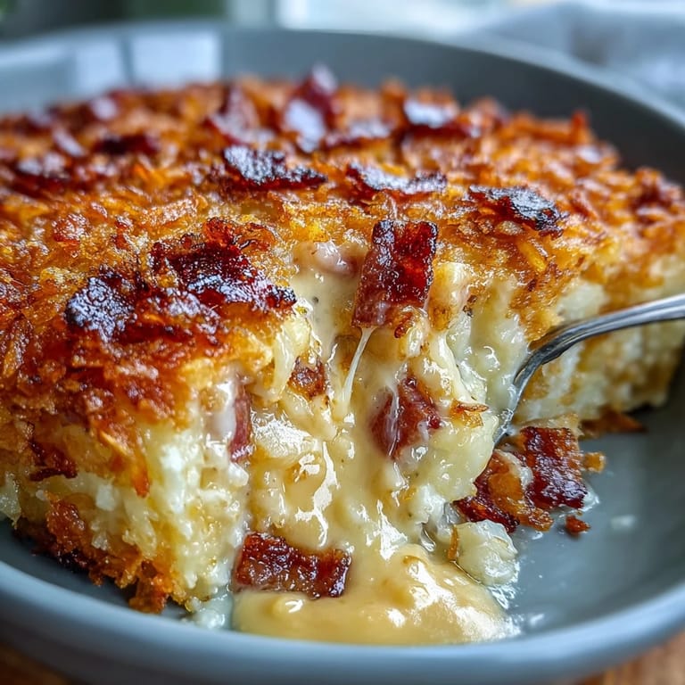 Hearty funeral potatoes and ham skillet baked golden brown with crunchy cornflake topping and melted cheddar cheese.