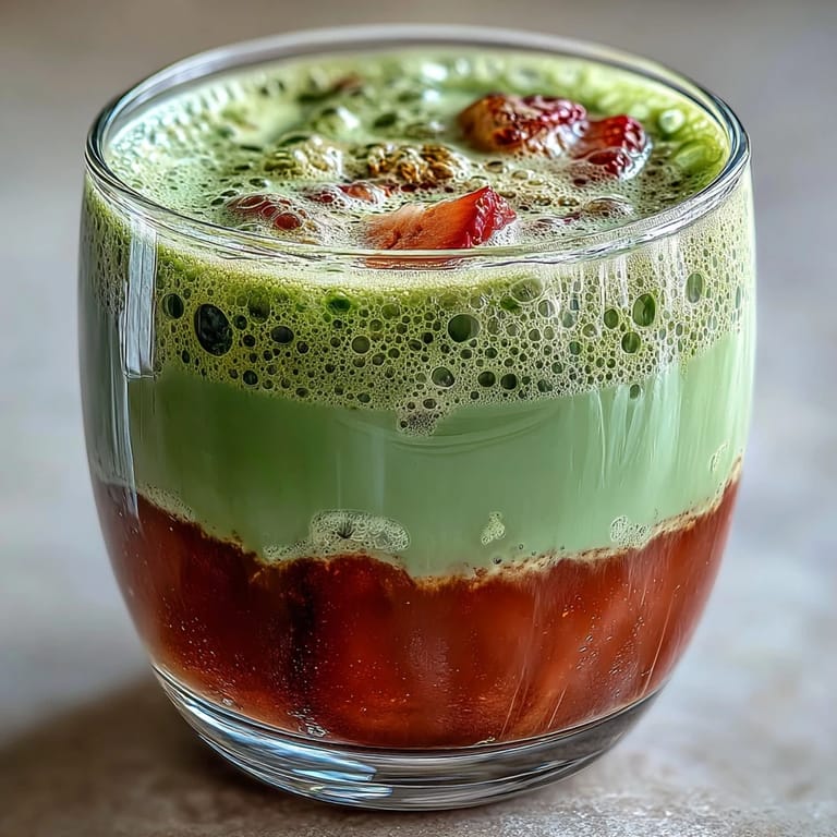 Refreshing strawberry matcha latte layered with sweet fruit puree, earthy green tea, and silky oat milk foam served over ice cubes.