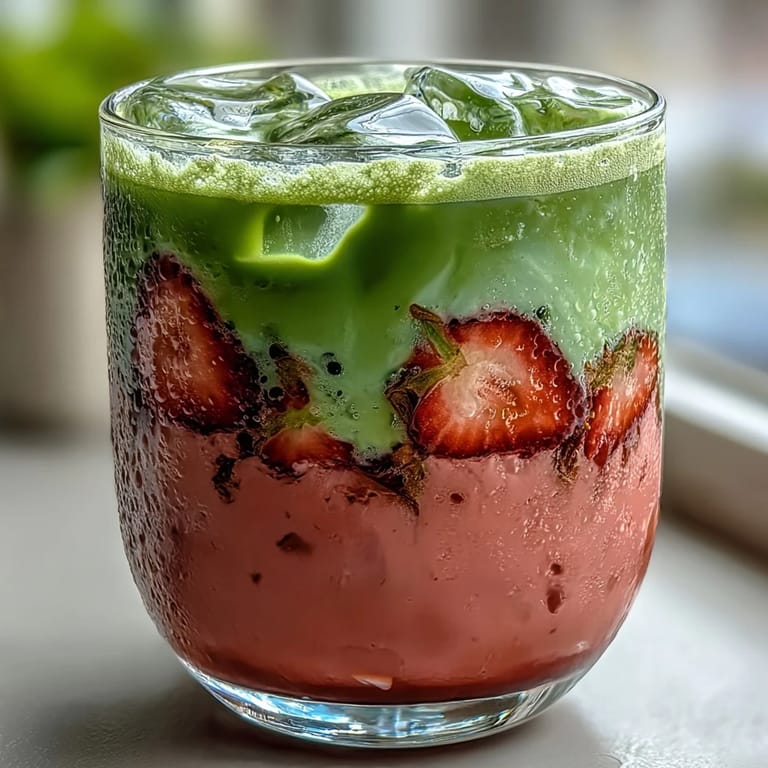 Layers of fresh strawberry purée, smooth coconut milk, and whisked matcha green tea create a stunning, dairy-free iced latte bursting with flavor.