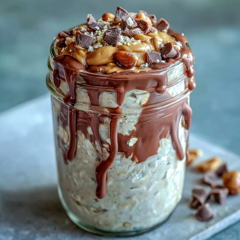 Creamy overnight oats jar with peanut butter and chocolate layers, topped with mini chocolate chips and crushed peanuts.