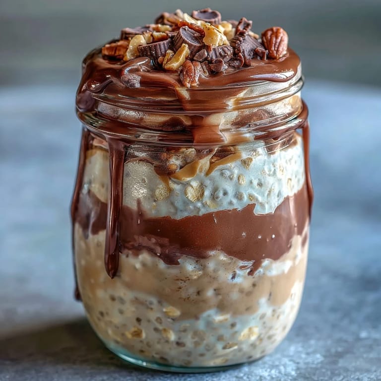 Indulgent peanut butter cup-inspired overnight oats jar featuring oats, Greek yogurt, and sweet chocolate-peanut butter swirls.