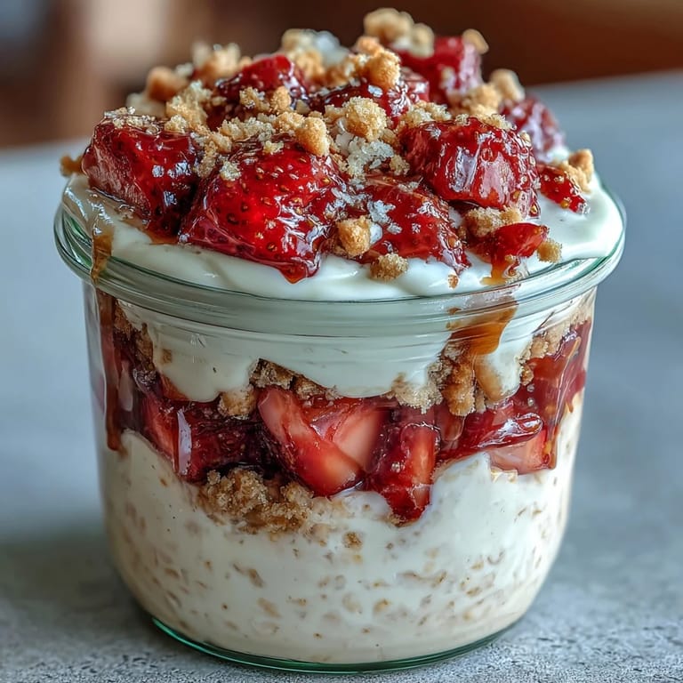 Rich strawberry cheesecake overnight oats with graham cracker topping, layered with fresh strawberries and creamy oat mixture for a satisfying morning treat.