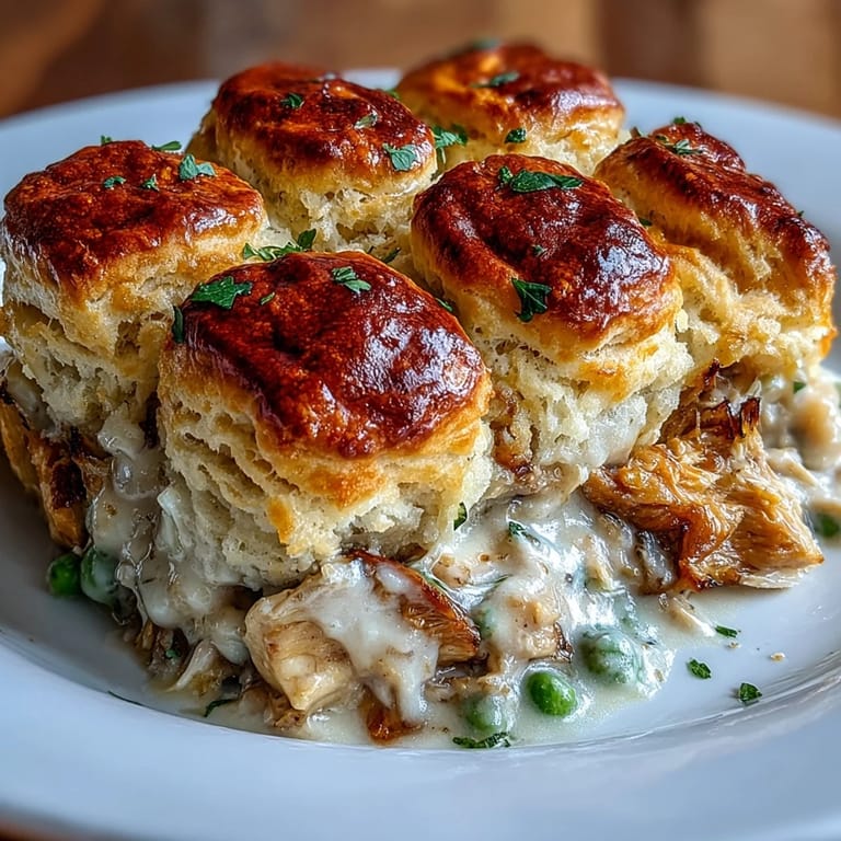 Warm and comforting, this chicken pot pie features a flaky biscuit crust atop creamy vegetable and chicken filling.  