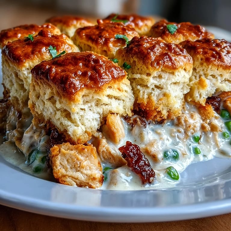 Classic American chicken pot pie, baked with tender chicken, vegetables, and a golden biscuit topping.