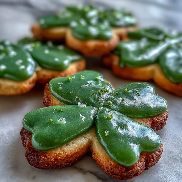 Buttery sugar cookies shaped like shamrocks and topped with glossy green royal icing for St. Patricks Day.  