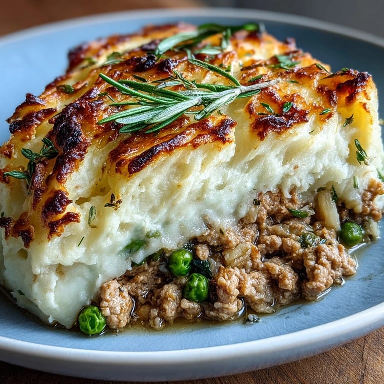 Wholesome Turkey Shepherds Pie featuring lean ground turkey, colorful vegetables, and a fluffy cauliflower-potato topping for a lighter comfort meal.