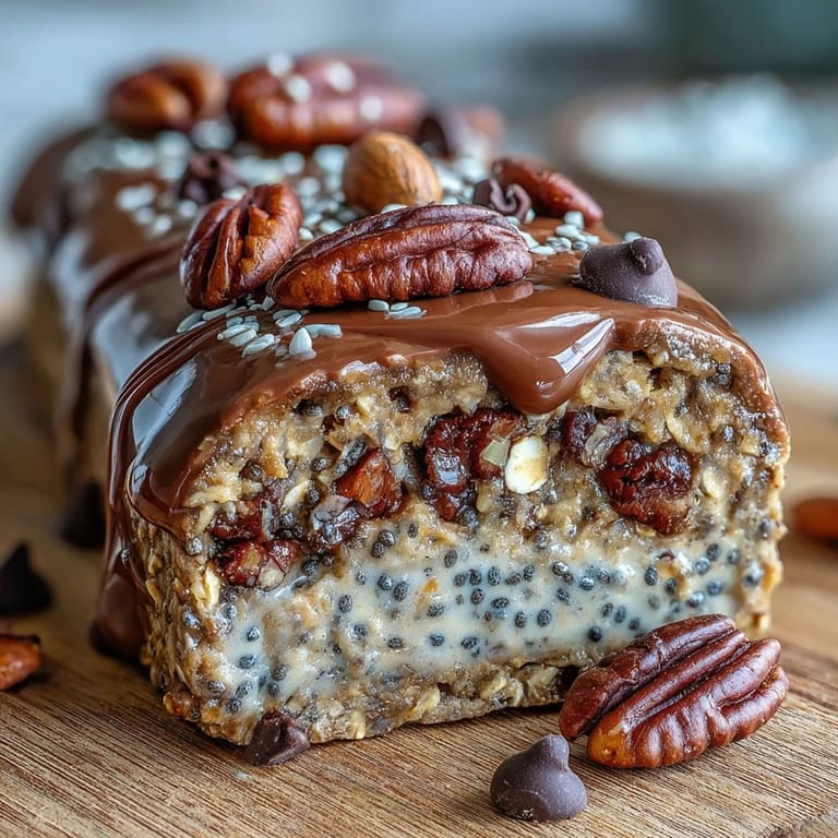 High-protein overnight oats blended with Greek yogurt, chia seeds, and chocolate chips, served chilled in a glass jar.
