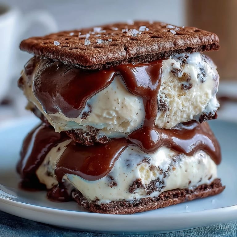 Indulgent vanilla bean ice cream is nestled between espresso-flavored cookies, creating a luxurious frozen dessert that captures the essence of a beloved coffeehouse favorite.