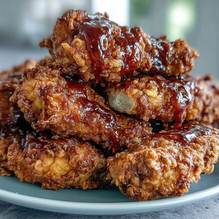 Oven-baked fried chicken with spicy honey glaze, crunchy coating and tender meat, perfect for a comforting family dinner.