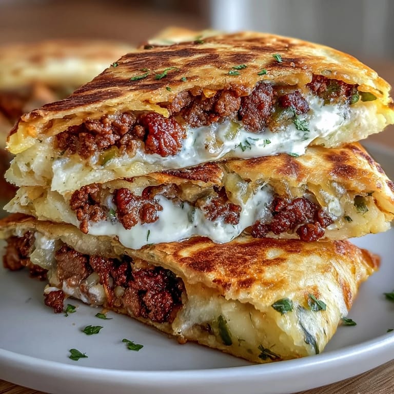 Shepherd's pie meets quesadilla in this hearty dish, featuring seasoned beef, veggies, and buttery potatoes layered in golden tortillas.