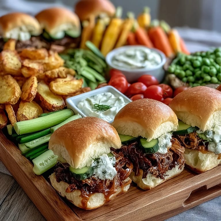 Easy-to-share BBQ baby shower snack board featuring sliders, crunchy chips, and vibrant fresh vegetables for a crowd-pleasing spread.