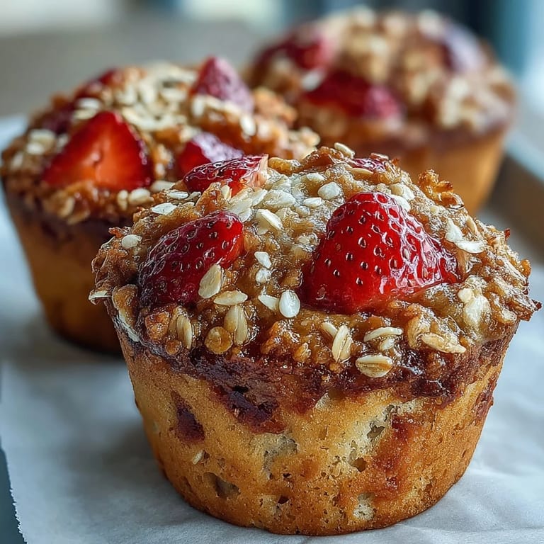 Wholesome strawberry muffins made with Greek yogurt and oats, bursting with juicy fruit and hearty texture.