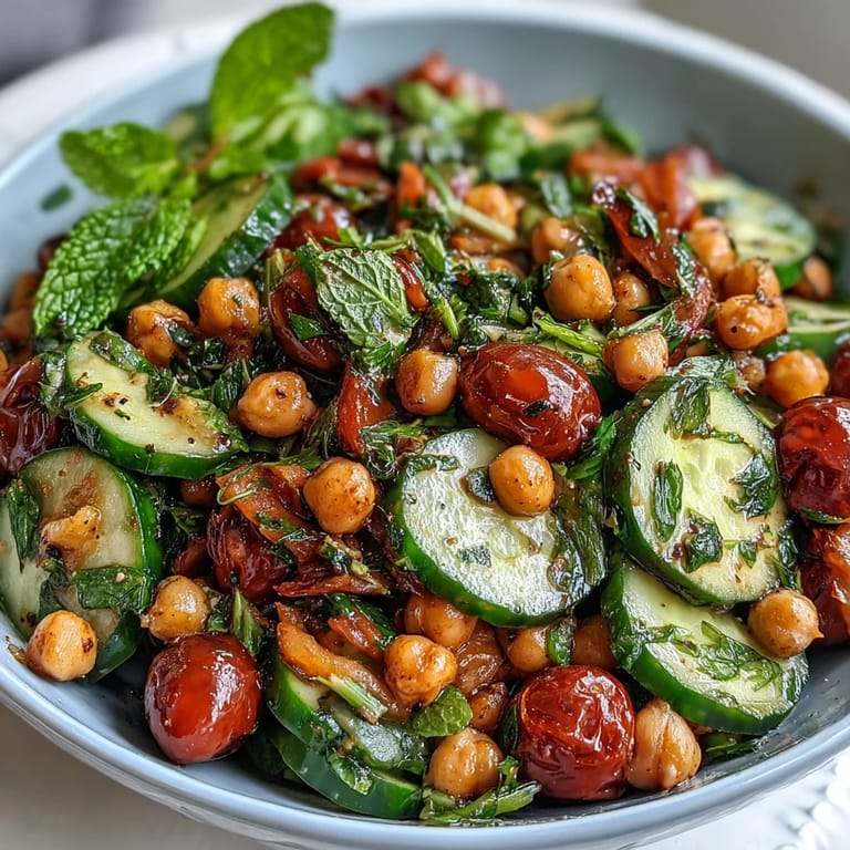 A close-up shot of the fresh cucumber chickpea salad, highlighting the vibrant colors and homemade dressing.