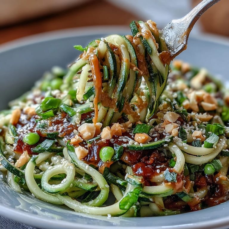 Fresh spiralized zucchini and colorful vegetables tossed in a tangy peanut sauce, garnished with green onions and cilantro.