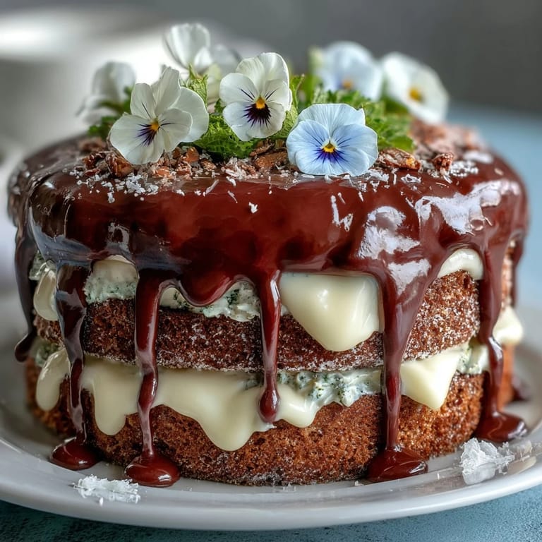 Elegant spring cake with lemon frosting, delicate vanilla sponge, and white chocolate drip topped with fresh edible flowers.