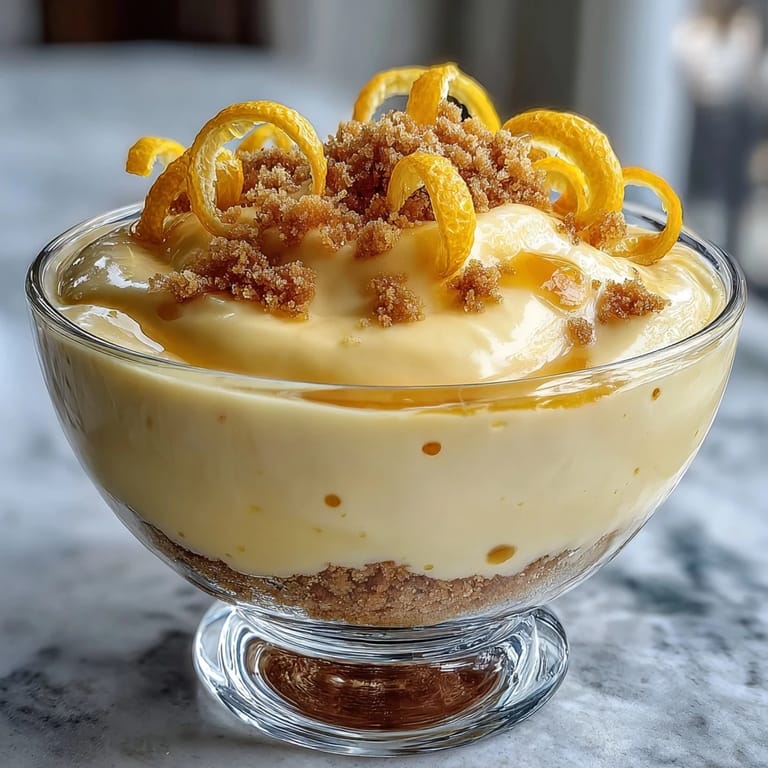 Bright lemon mousse with crunchy shortbread base, served in glasses and topped with lemon zest curls.