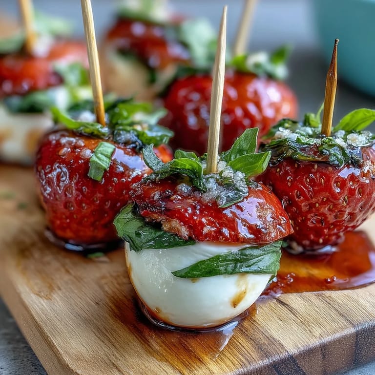 Colorful strawberry caprese appetizer skewers drizzled with balsamic glaze, perfect for summer gatherings.