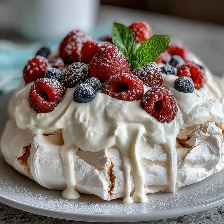 Mothers Day Pavlova with Mixed Berries: Delicate meringue base filled with fluffy cream and crowned with fresh strawberries, blueberries, and raspberries.