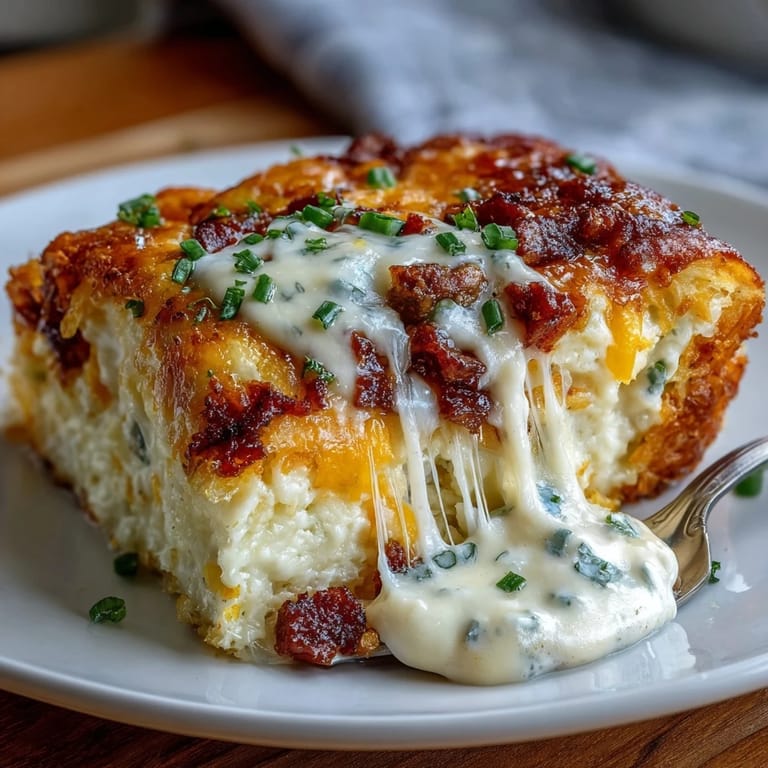 Hearty Amish breakfast casserole featuring crispy hash browns, fluffy eggs, and sausage, topped with melted cheddar and Swiss cheese.