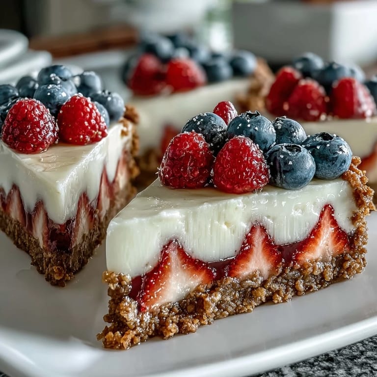 Creamy no-bake cheesecake with graham cracker crust, artfully arranged with blueberries and strawberries in patriotic flag design.