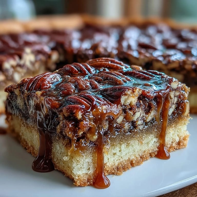Golden-brown pecan pie bars drizzled with bourbon glaze, perfect for Derby Day celebrations or Southern gatherings.