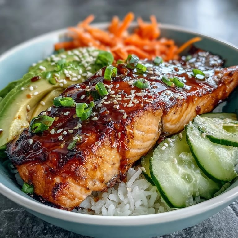 Quick and easy teriyaki salmon bowl featuring tender glazed fillets, fresh cucumber, and creamy avocado on steaming rice.  