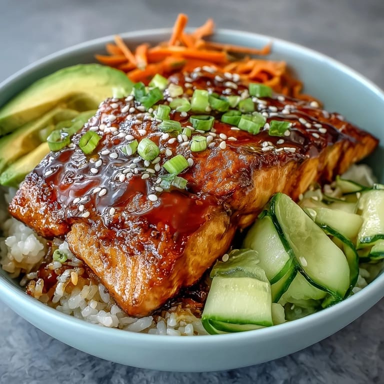 Delicious teriyaki salmon bowl with savory-sweet glaze, crunchy carrots, and sesame garnish for a satisfying summer meal.