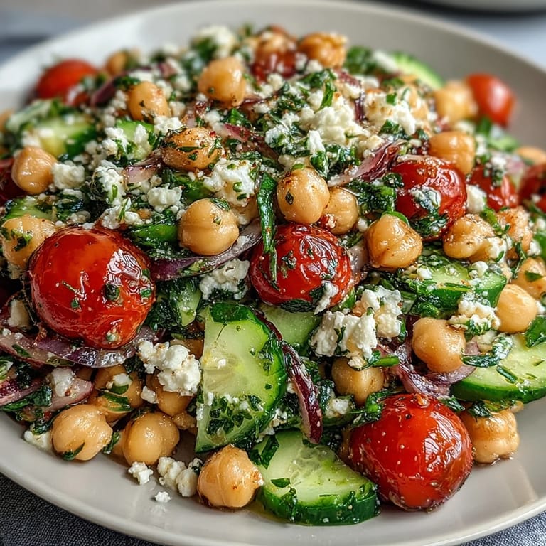 Refreshing Cold Chickpea Salad with Lemon Herbs: crisp vegetables and fresh mint tossed in tangy lemon vinaigrette for a light summer meal.