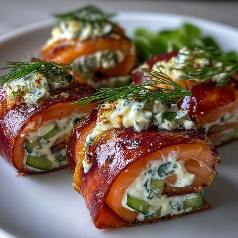 Smoked salmon pinwheels with tangy cream cheese and fresh cucumber, ideal for brunch or sophisticated gatherings.