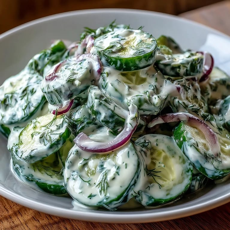 Close-up of Creamy Cucumber Dill Salad showcasing vibrant cucumbers coated in a tangy, herby sour cream dressing, ready to serve.