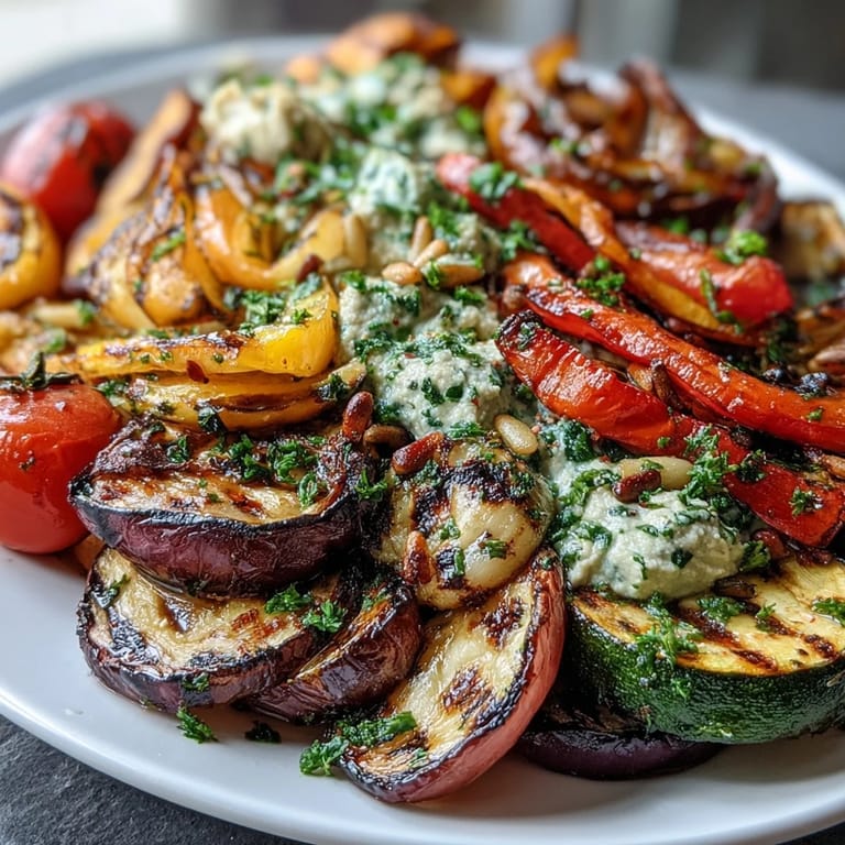 Colorful grilled vegetable platter paired with silky hummus, garnished with parsley and pine nuts for a fresh, Mediterranean-inspired appetizer.