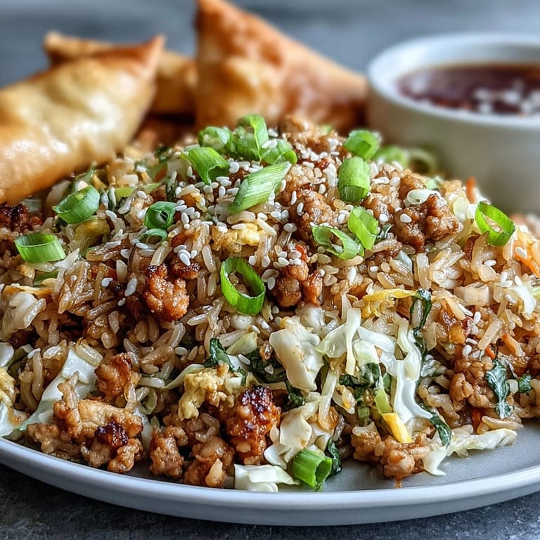Fork scooping up savory Crispy Chicken Fried Rice with Egg Roll Flavors, featuring crunchy cabbage, carrots, and fluffy rice.