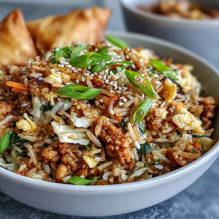 A skillet of steaming Crispy Chicken Fried Rice with Egg Roll Flavors topped with green onions and sesame seeds.