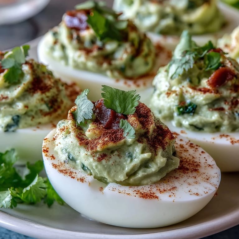 Rich guacamole stuffed deviled eggs with diced tomato and jalapeño, served chilled and dusted with smoky paprika.