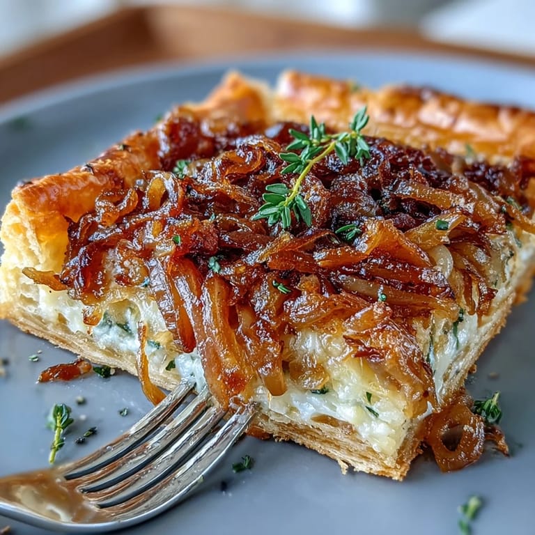 Savory French Onion Puff Pastry Tart with golden caramelized onions, nutty Gruyère cheese, and fragrant thyme baked to perfection.