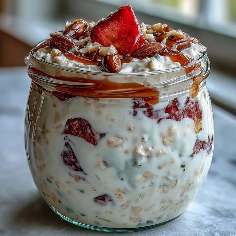 Wholesome strawberry vanilla overnight oats served cold with a drizzle of honey and crunchy almond topping.